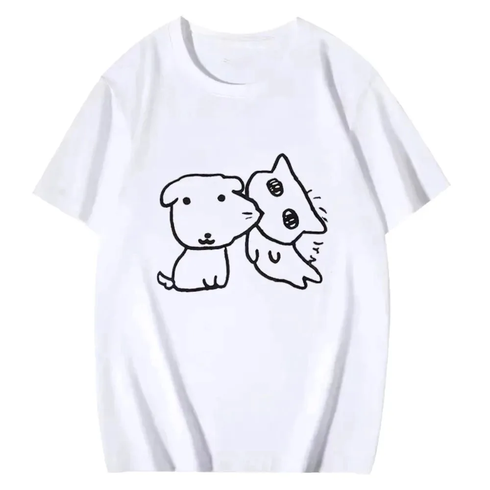 Niedliches T-Shirt mit einfacher Linienzeichnung von Hund und Katze für Damen, weiches O-Neck-Shirt, Alltags-Paar-Top, modische Harajuku Kawaii Y2K Kleidung – Detail 4
