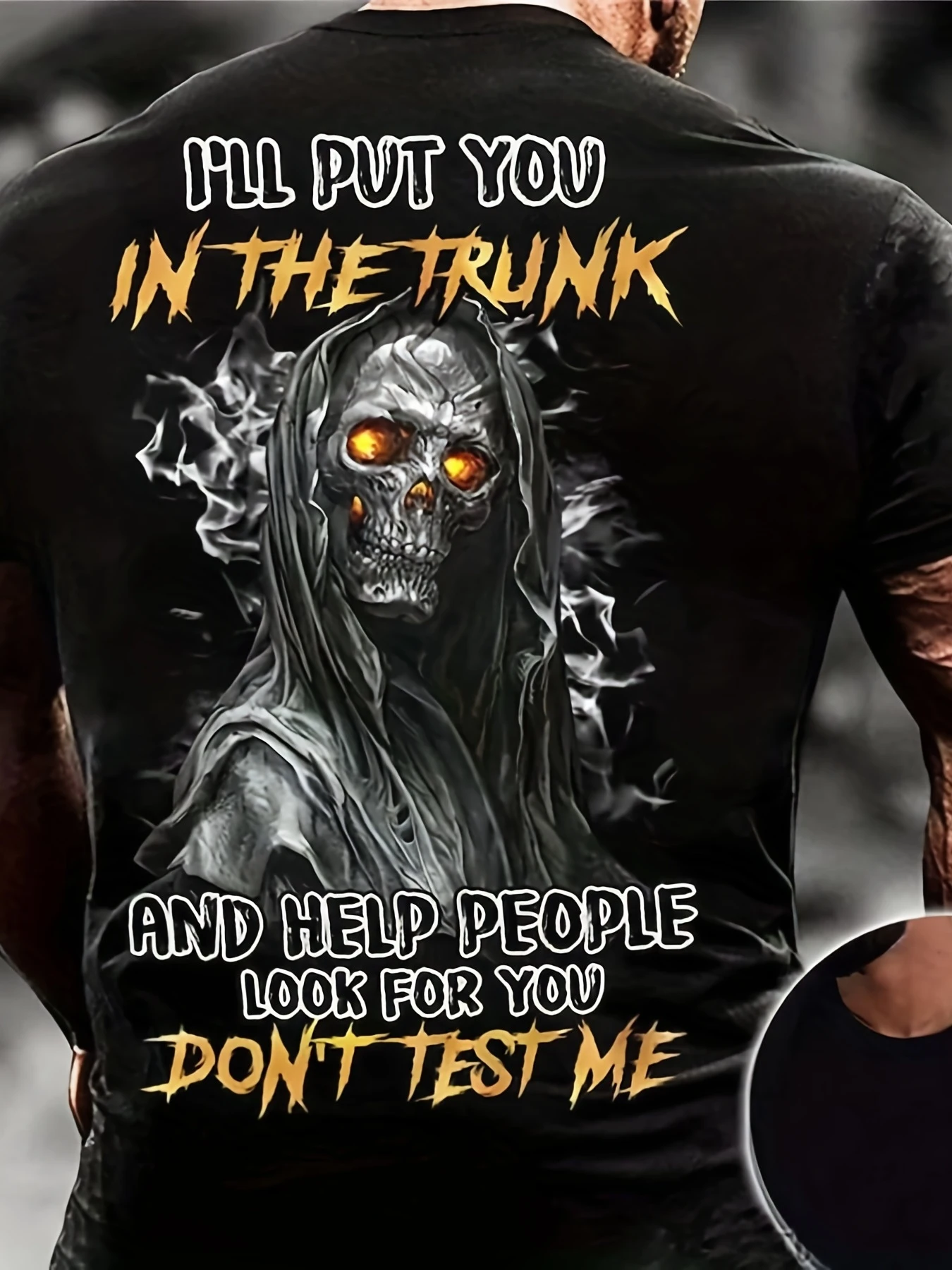 I'll PUT YOU IN THE TRUNK Black T-shirt - Featuring A Muscular Cut Pattern and A Quirky Skull Design  Paired with and Metallic Yellow Text, Perfect for Fans Who Love Dark and Intimidating Styles - Perfect for Halloween, Parties, or Making Statements