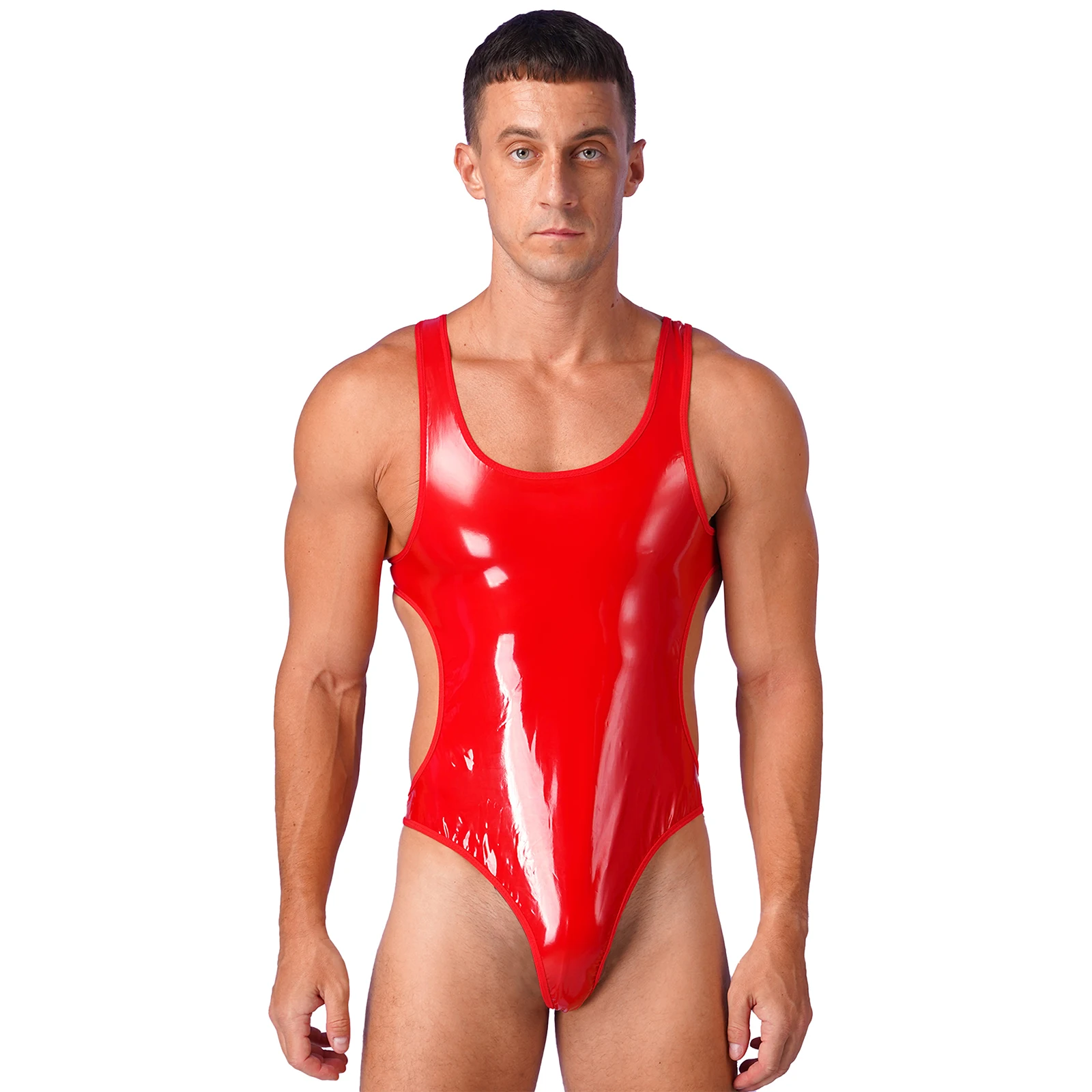 Swimwear Mens One-Piece Swimsuit Pool Party Swimwear Wet Look Patent Leather Bodysuit Open Back U Neck Sleeveless Jumpsuit