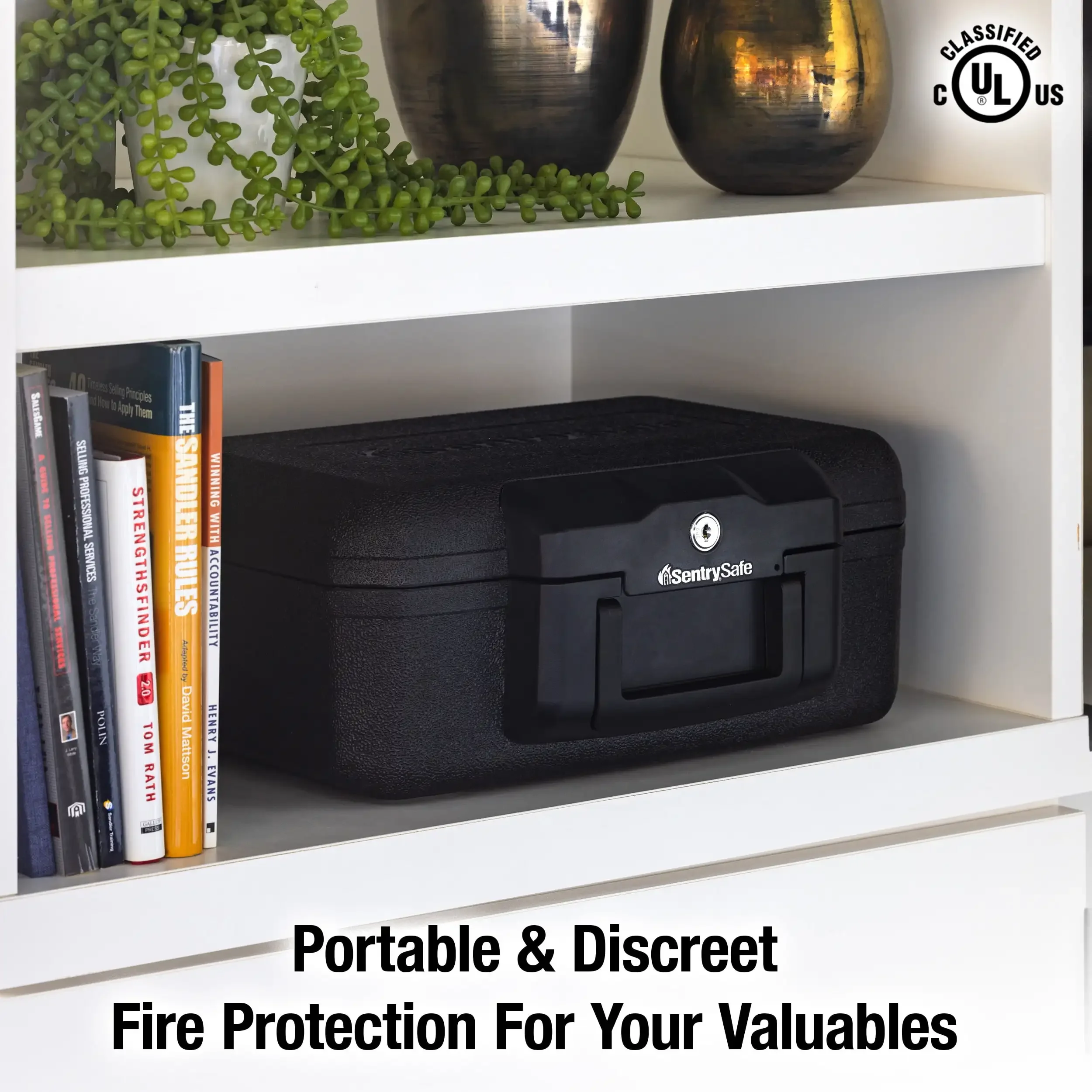1200 Fire-Resistant Box Safe with Key Lock 0.18 Cu. Ft., Black safe has a built-in convenient handle for easy carrying.