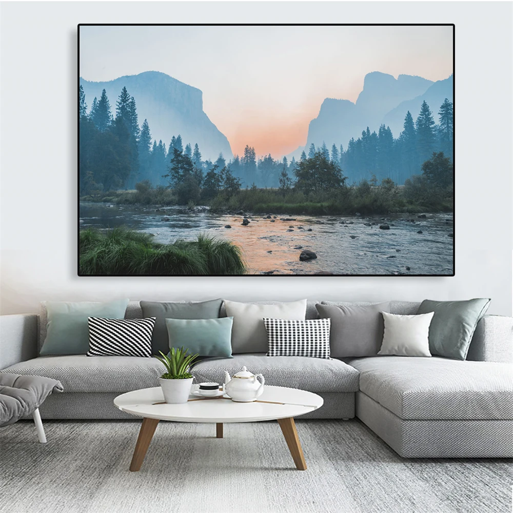 Modern Landscape Poster Snow Mountain Prints Mystery Forest Light Canvas Painting Yosemite Valley Picture Home Wall Art Decor