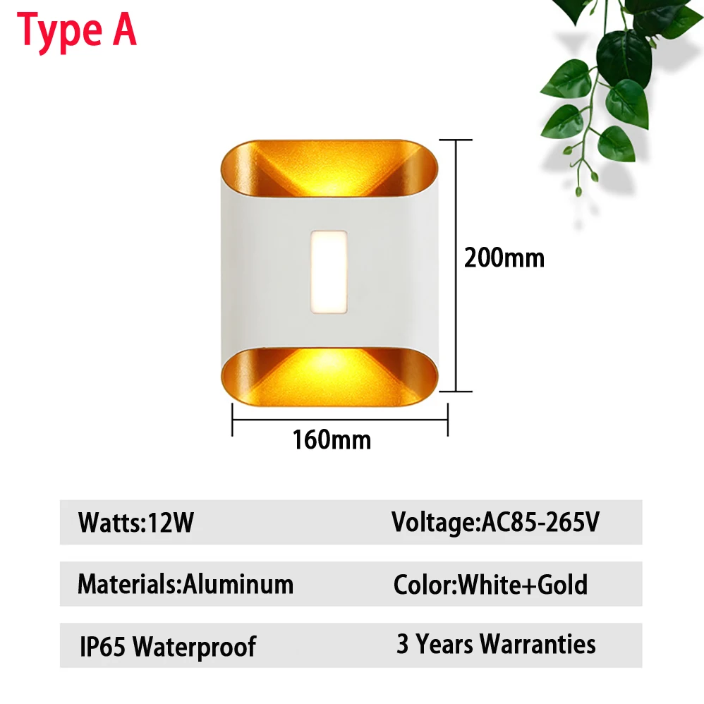 Светодиодный настенная лампа AC85-265V 12W IP65, водонепроницаемая, для помещений и улицы, 2 типа, современные лампы в минималистическом стиле с гарантией 3 года