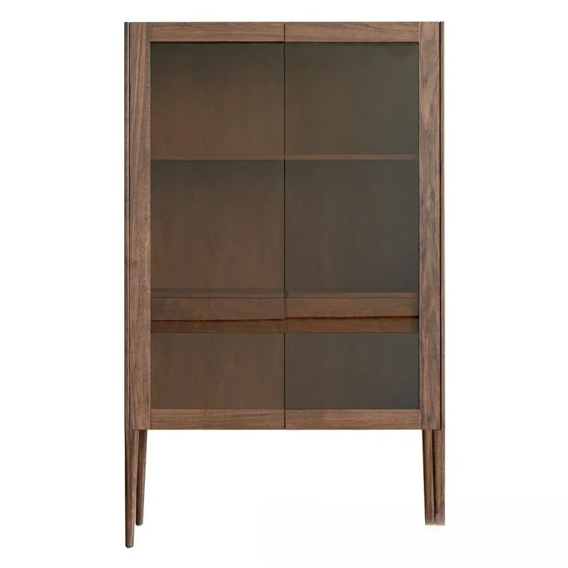 

Nordic light luxury black walnut wine cabinet, living room wall solid wood glass double door partition