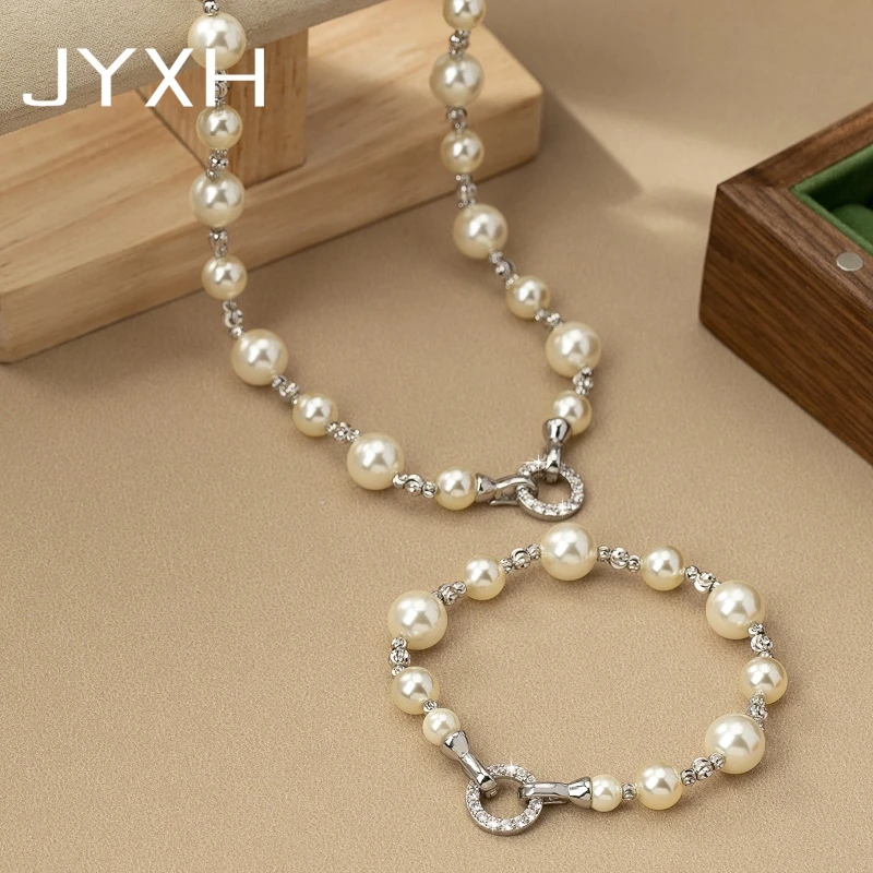 JYXH Elegant Offic Pearl Chokers Necklaces Bracelet Sets For Women Party Wedding Fashion Trendy Cubic Zirconia Jewelry Gifts