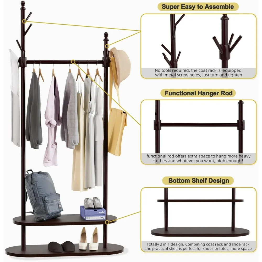 2-Tier Coat Rack Freestanding, Easy Assemble 8 Hooks Wooden Coat Rack with Shoe Storage Sturdy Coat Tree Save Space, Rustic Coat