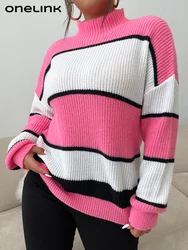 ONELINK Women's Sweater Autumn Plus Size Oversize Clothing Knitting Wide White Pink Striped Pullover Turtleneck Long Sleeve Tops