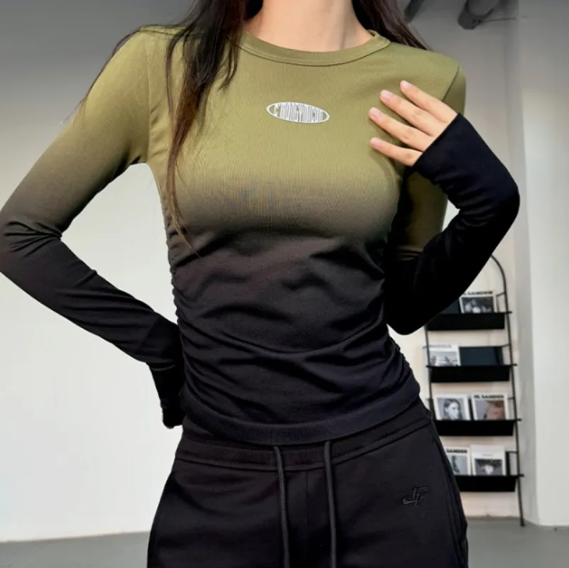 Gradient Yoga Suit Elastic Slim Outdoor Waist Wrinkle Tops Women's Casual Fitness Training Long Sleeved T-shirt Running Sports