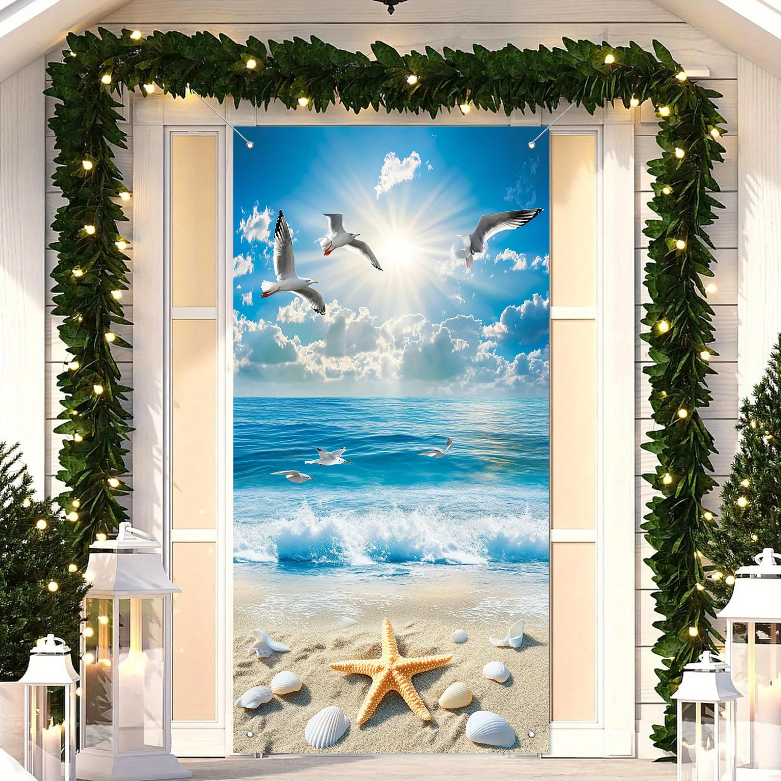 Door Banner 1pc Seaside Polyester 4 Grommets Versatile Indoor/Outdoor Hanging Decoration with Seagulls & Beach Scene Curtain