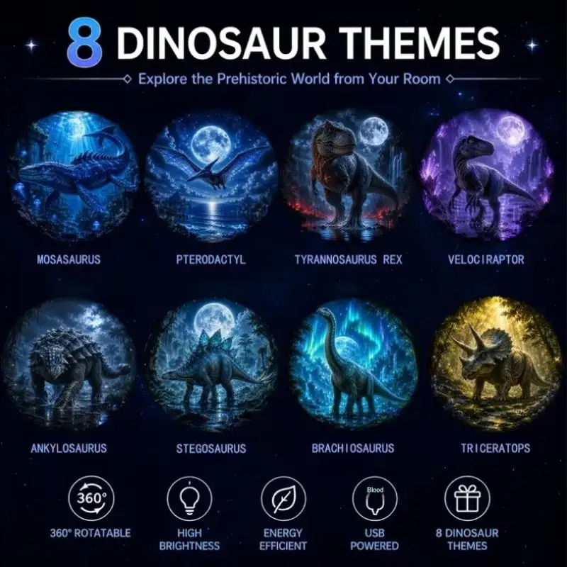 360° Rotatable Dinosaur USB Projector Night Light Eye Care Soft Lamp for Kids Sleep Aid Bedroom Decor Gift