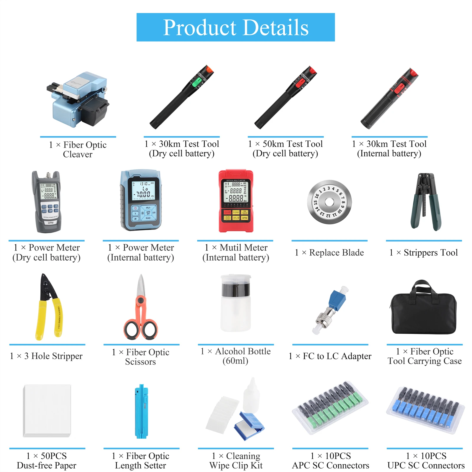 مجموعة أدوات إنهاء وتنظيف وتختبار الألياف الضوئية (11/12/14/15 قطعة في 1) لمشاريع FTTH جهاز اختبار الألياف الضوئية والمحول وما إلى ذلك.