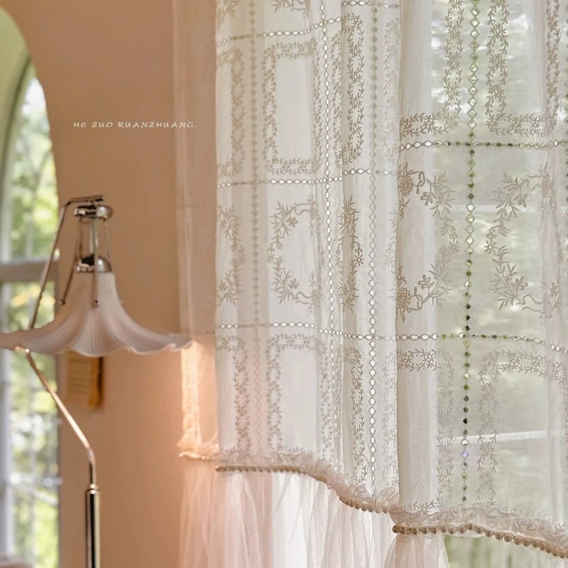 Relief Garden French Vintage Style Hollowed-out Embroidered Gauze Curtains for Living Room and Bedroom Custom Size Luxury Tulle