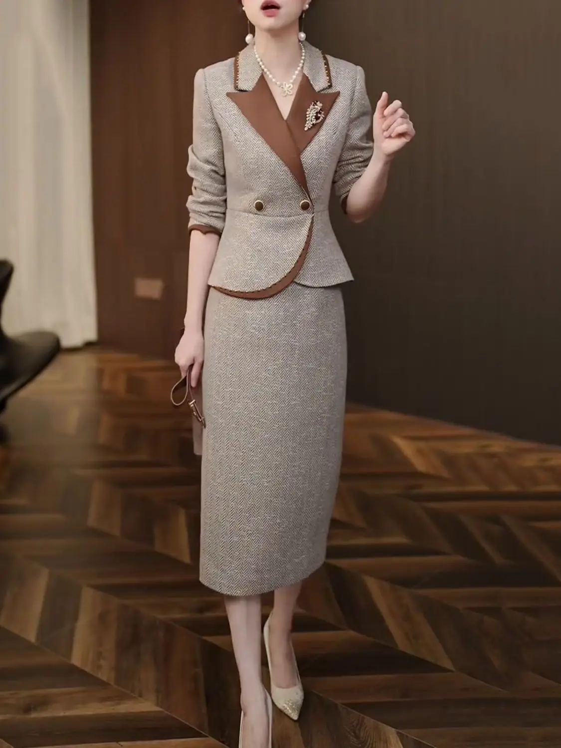 Autumn and winter new fashionable suit top+dress high-end elegant slim fit temperament goddess two-piece set