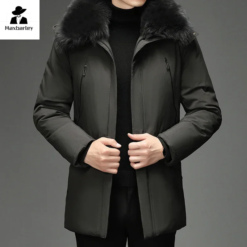 Luxury Winter Men\'s Down Jacket Business Soft Comfortable Big Fur Collar Hooded Feather Duck Coat Man Trendy Warm Puffer Jacket