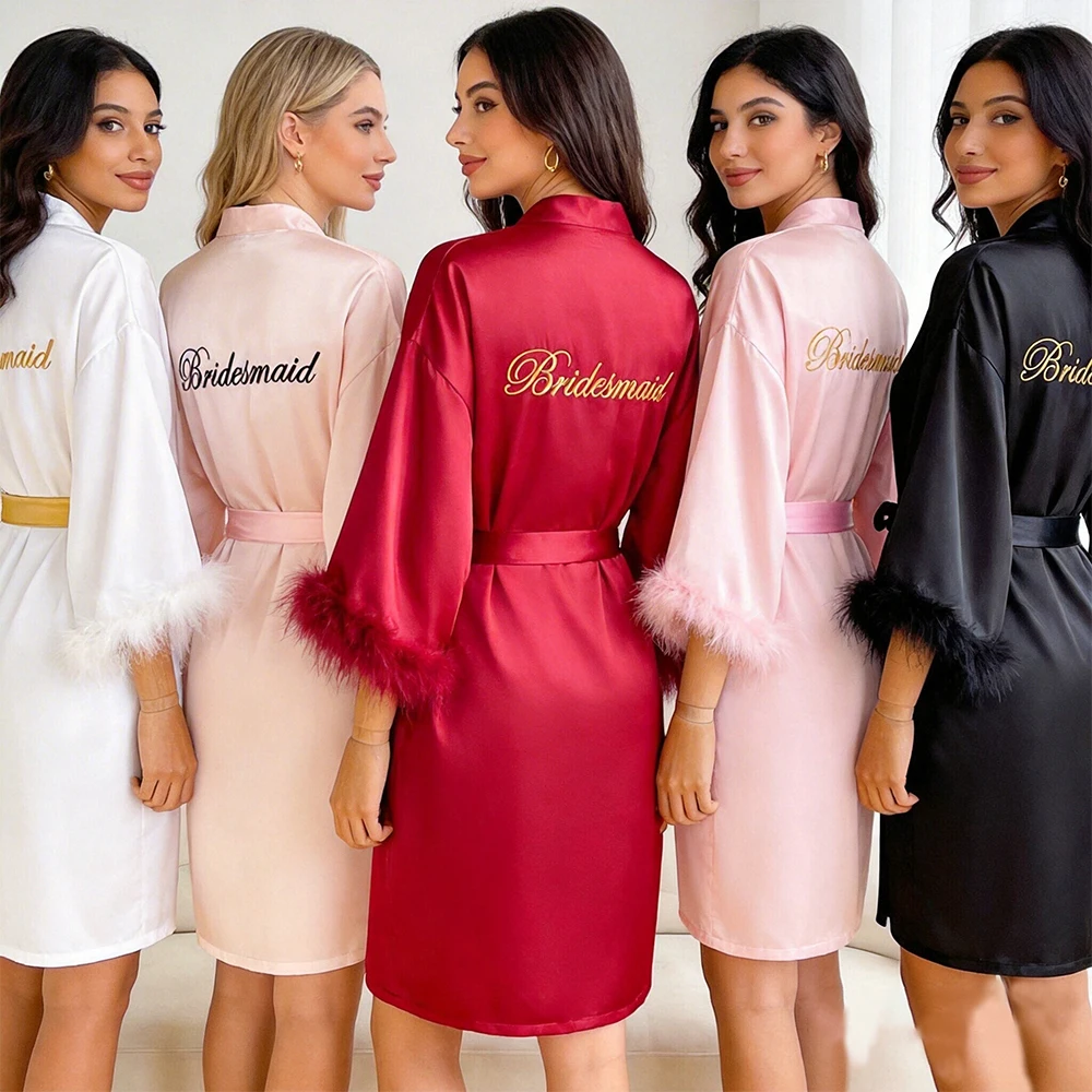 

Women Feather Bridal Kimono Robe Bridesmaid Embroidered Wedding Bridal Satin Bathrobe Best Friend Bachelorette Party Nightgown