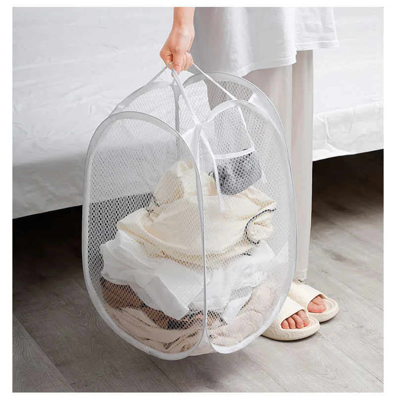 1pcs Mesh Pop Up Square Laundry Basket Storage Toy Organizer Bag Collapsible Clothes Baskets for Dorm Dirty Clothes Basket