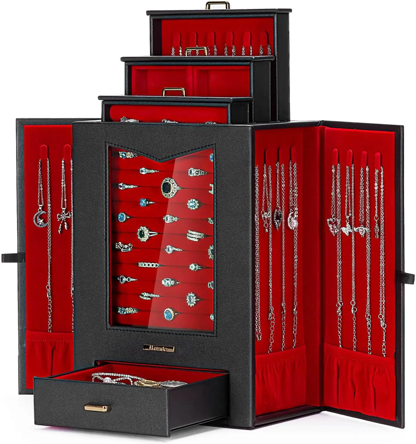 Jewelry Organizer with Transparent Window Necklace Hooks Gift for Women Jewelry Box Display Case for Necklaces Rings Earrings Bracelets and Other Jewelry Accessories (Black + Red +Gold)