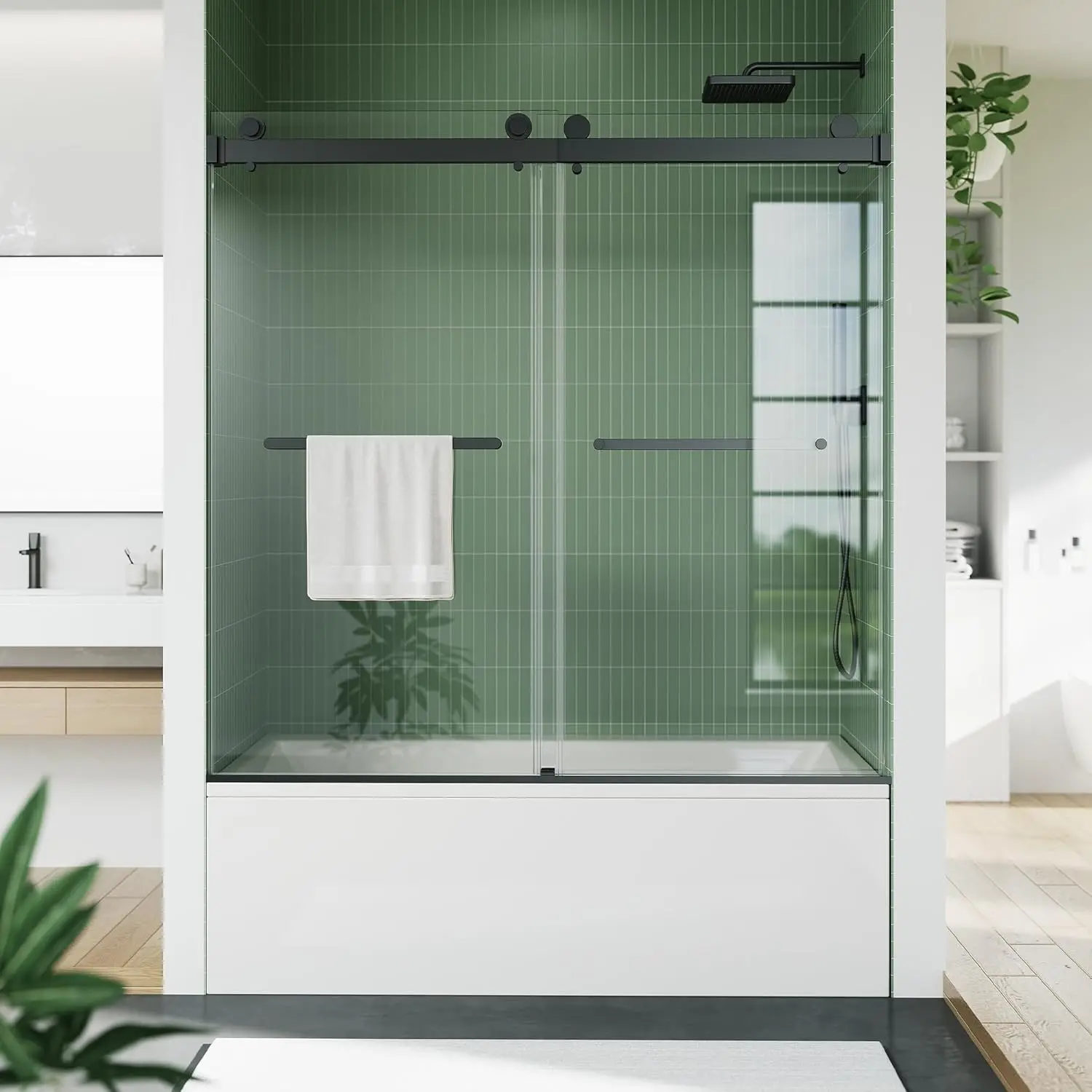 

Раздвижная стеклянная дверь для душевой кабины 60 дюймов, 56-60 дюймов (Ш) x 59 дюймов (В), безрамные двойные раздвижные стеклянные двери для душа, 6 мм закаленное стекло с...