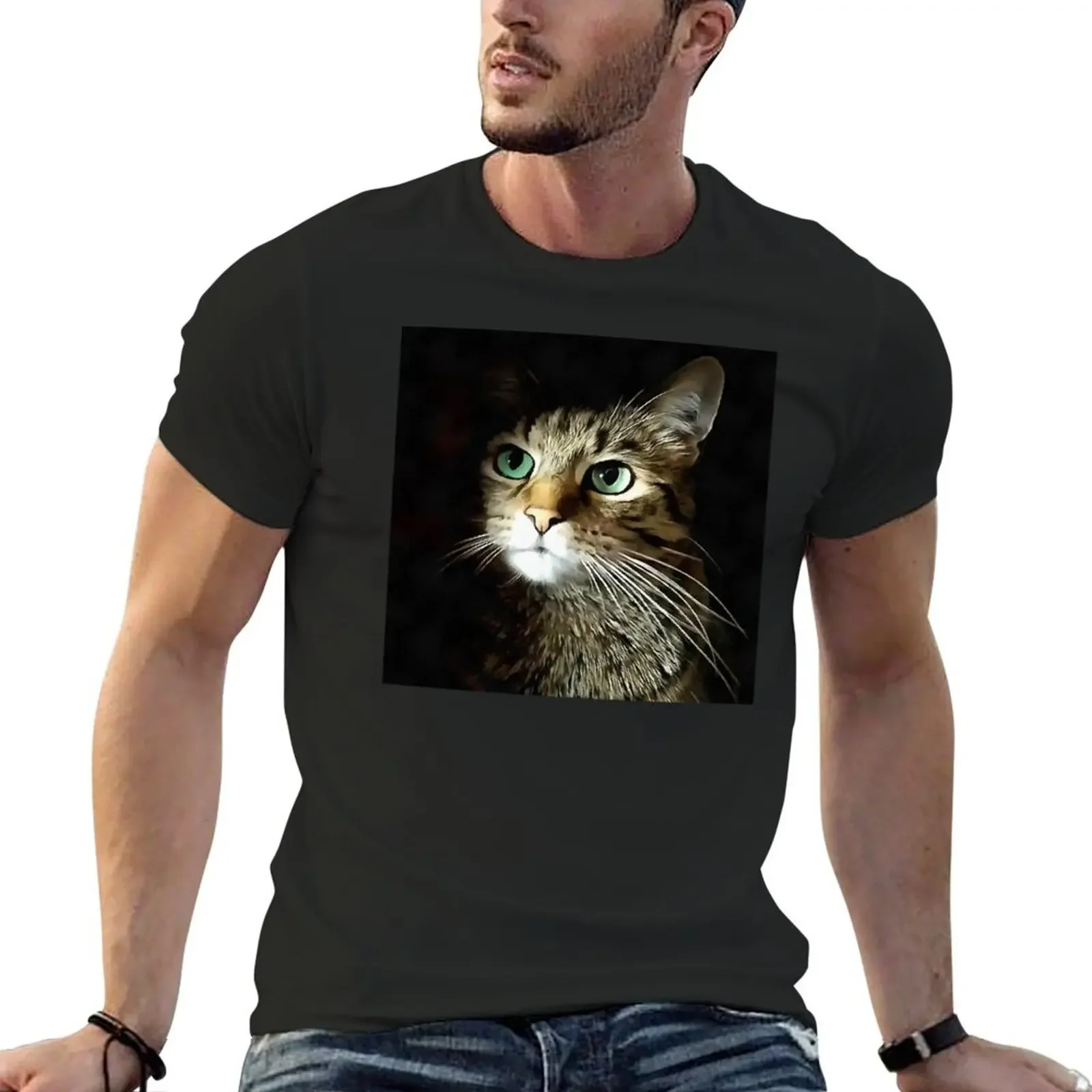 

Tabby Cat With Green Eyes Isolated On Black T-Shirt Blouse animal prinfor boys fruit of the loom mens t shirts