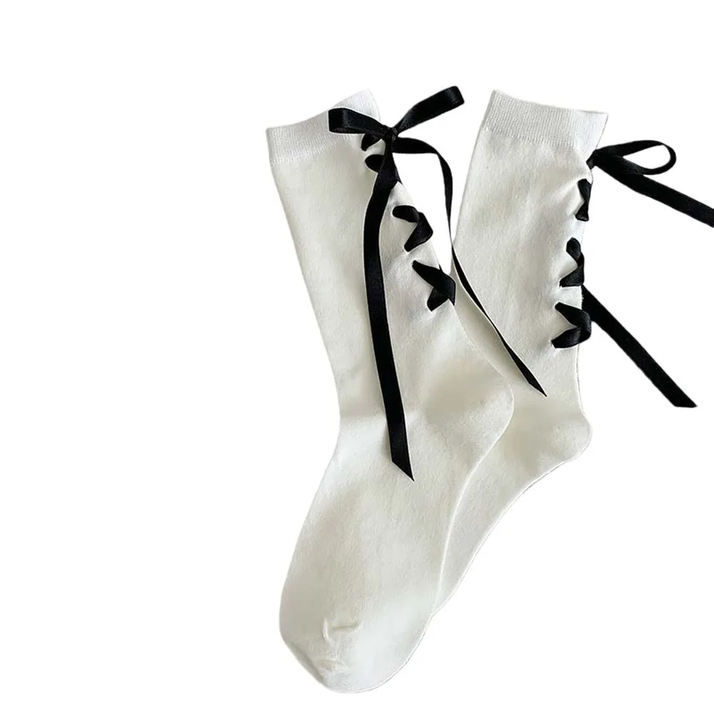 

Cotton Japanese JK Bow Socks Lolita Style Thickened Cute Warm Socks Versatile Black White Strap Bow Tie Stockings Cosplay Maid