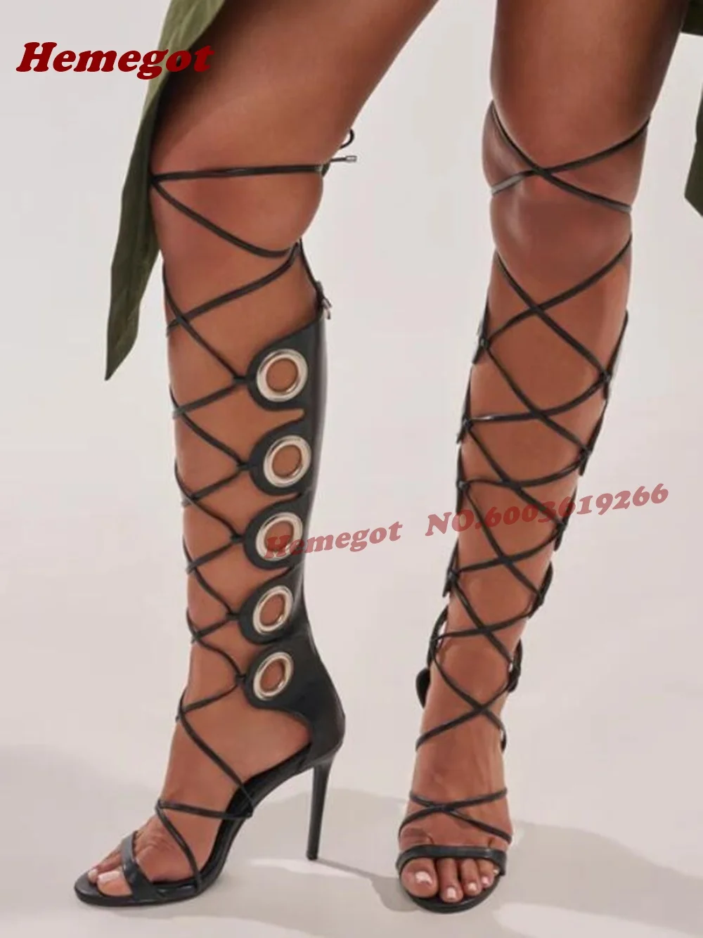 Black Gladiator Knee-High Stiletto Sandals Lace-Up with Metal Eyelets thin heels women's sandals back zipper strappy shoes open