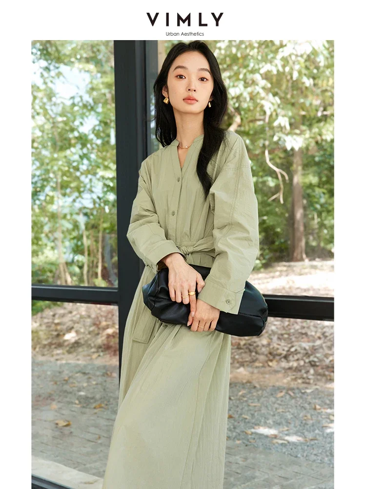 

VIMLY Women Fashion Simple Solid V-Neck Shirt Style Long Dress Autumn Chic Female Casual Office Lady Straight Dresses With Belt