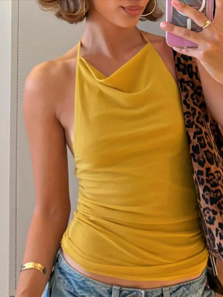 セクシーな背中の開いたメッシュトップ女性の Tシャツピュアカラー春夏ファッショナブルなノースリーブショート丈パッチワークデザインポリエステル生地