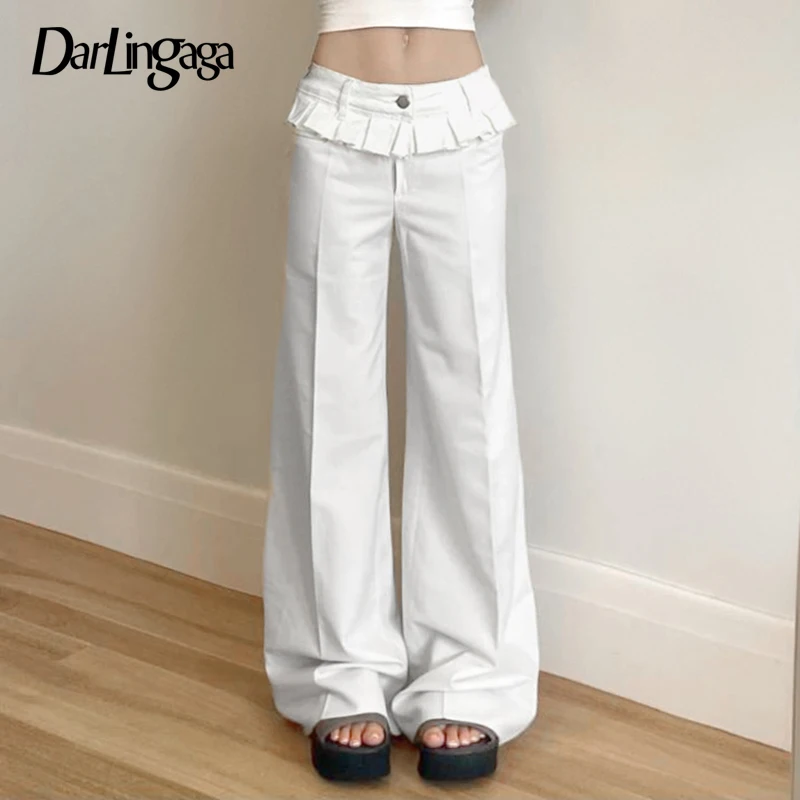 

Darlingaga Y2K Aesthetics Pleated Straight Leg Pants Women Solid Button-Fly Loose Full Length Bottoms 2025 Fashion Chic Trousers