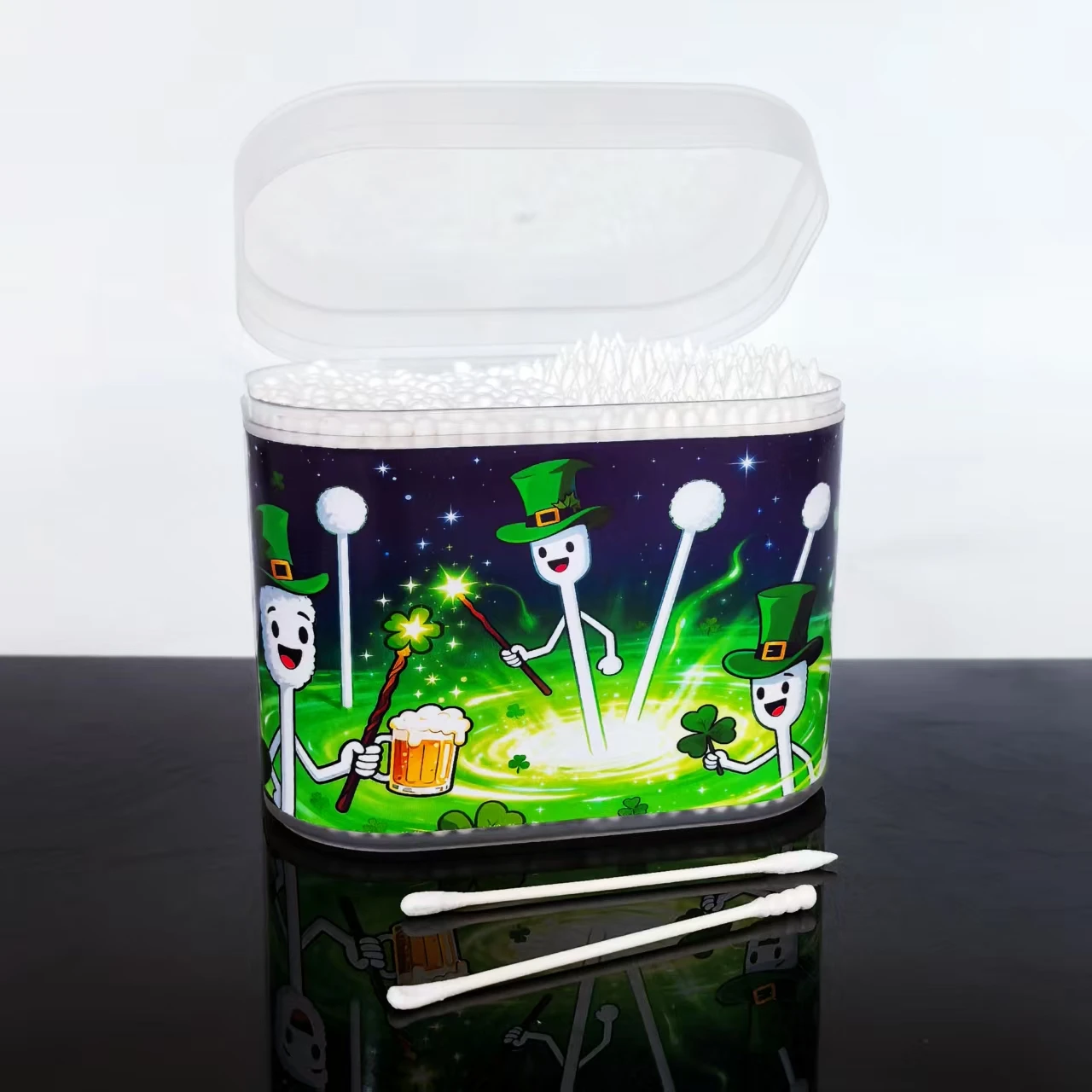 600 Uds. Hisopos de algodón con temática del Día de San Patricio, bastoncillos de algodón de doble cabeza, hisopos de algodón diarios para el hogar con palo de papel fino