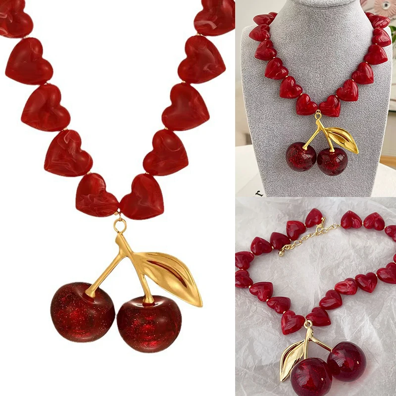 

Exquisite Heart Beaded Cherry Pendant Necklace Elegant Cherries Fruit Necklaces Pearl Choker Women Stylish Simple Jewelry