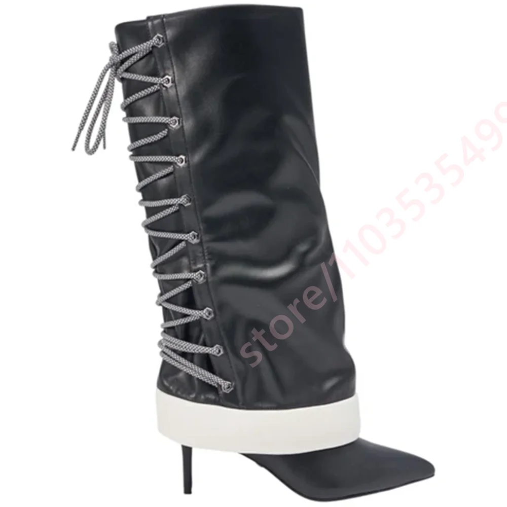 Women Black White Colorblock Knee High Boots Pointed Toe Stiletto Back Lace‑Up Design Contrast Trim Elegant Street Fashion Boots