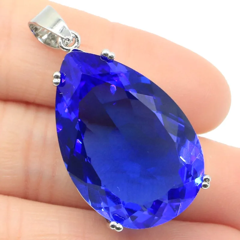 Buy 4 Get 1 Free 40x20mm Big Gemstone Rich Blue Violet Tanzanite Pink Kunzite Smoky Topaz Women Silver Pendant
