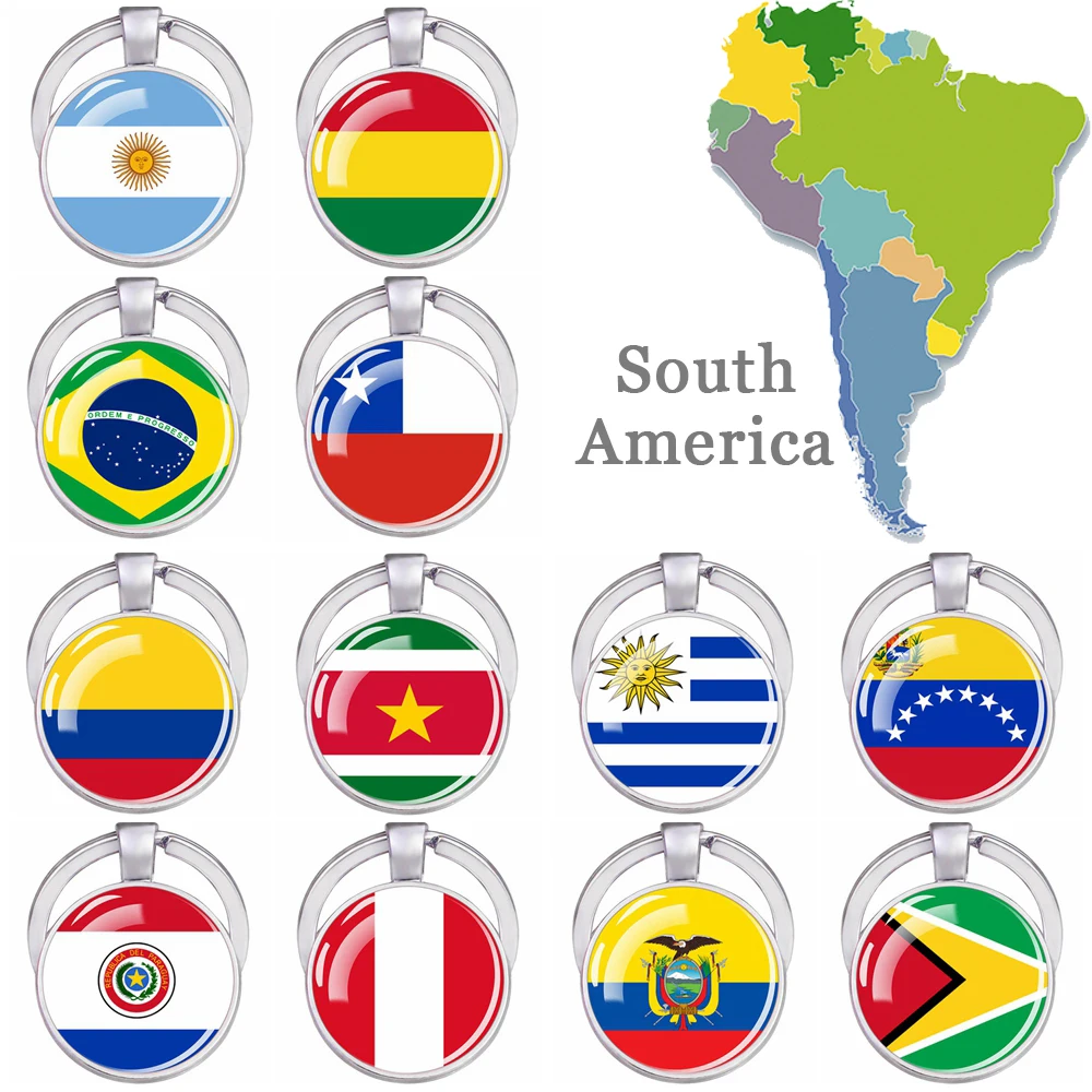 South America Countries Flag Keychain National Flag Glass Dome Double Sided Pendant Key Chain Patriotic Souvenir Jewelry Keyring