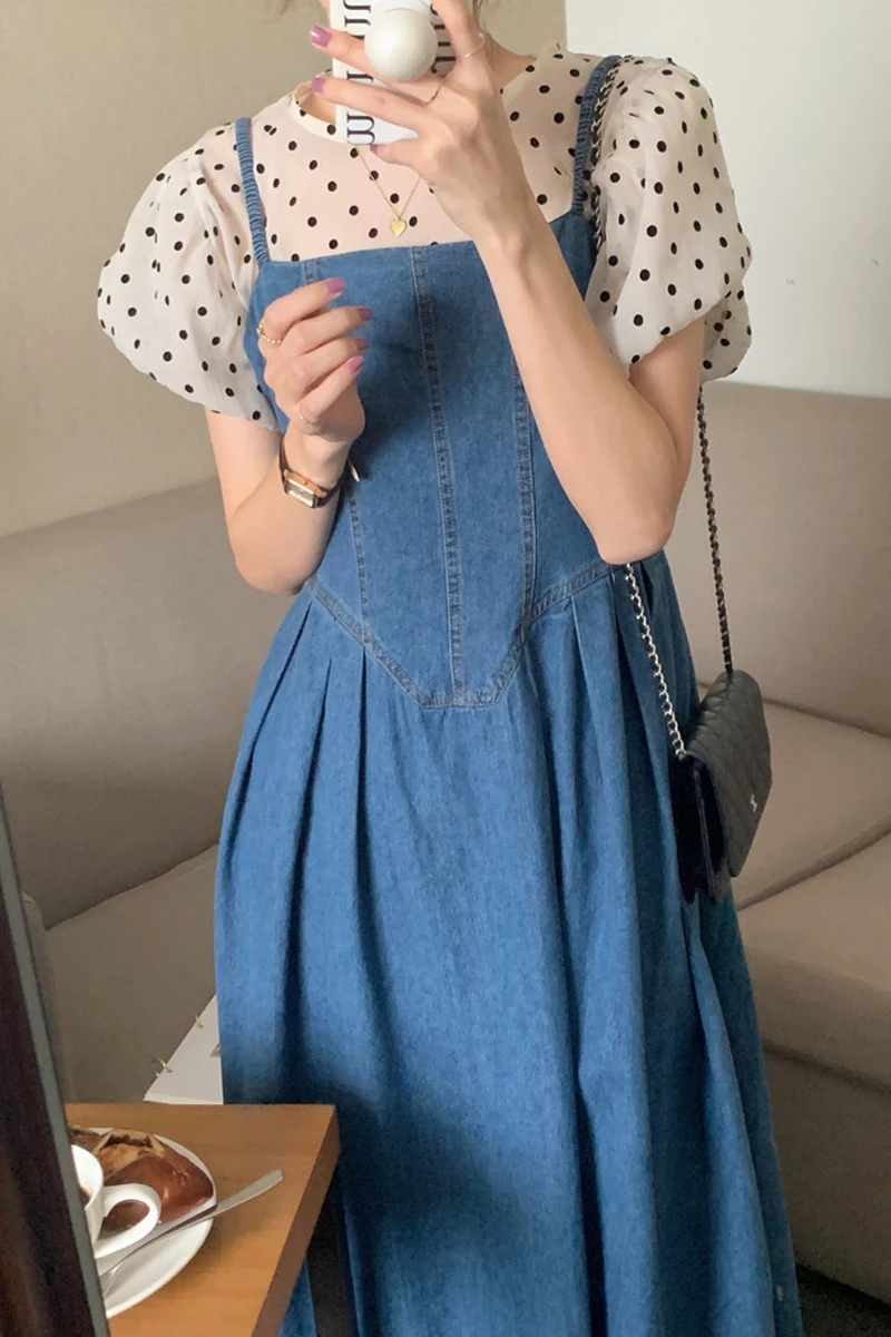 Chic Polka Dot Short Sleeve Women's Shirt Summer 2023 Bubble Sleeve Top with Denim Halter Skirt Set Fashionable Casual Outfit