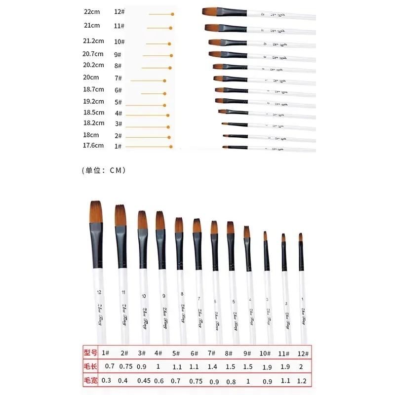 12 pezzi di nylon per capelli con manico in legno, set di pennelli per acquerello, per l\'apprendimento, pittura acrilica a olio fai da te, pennelli