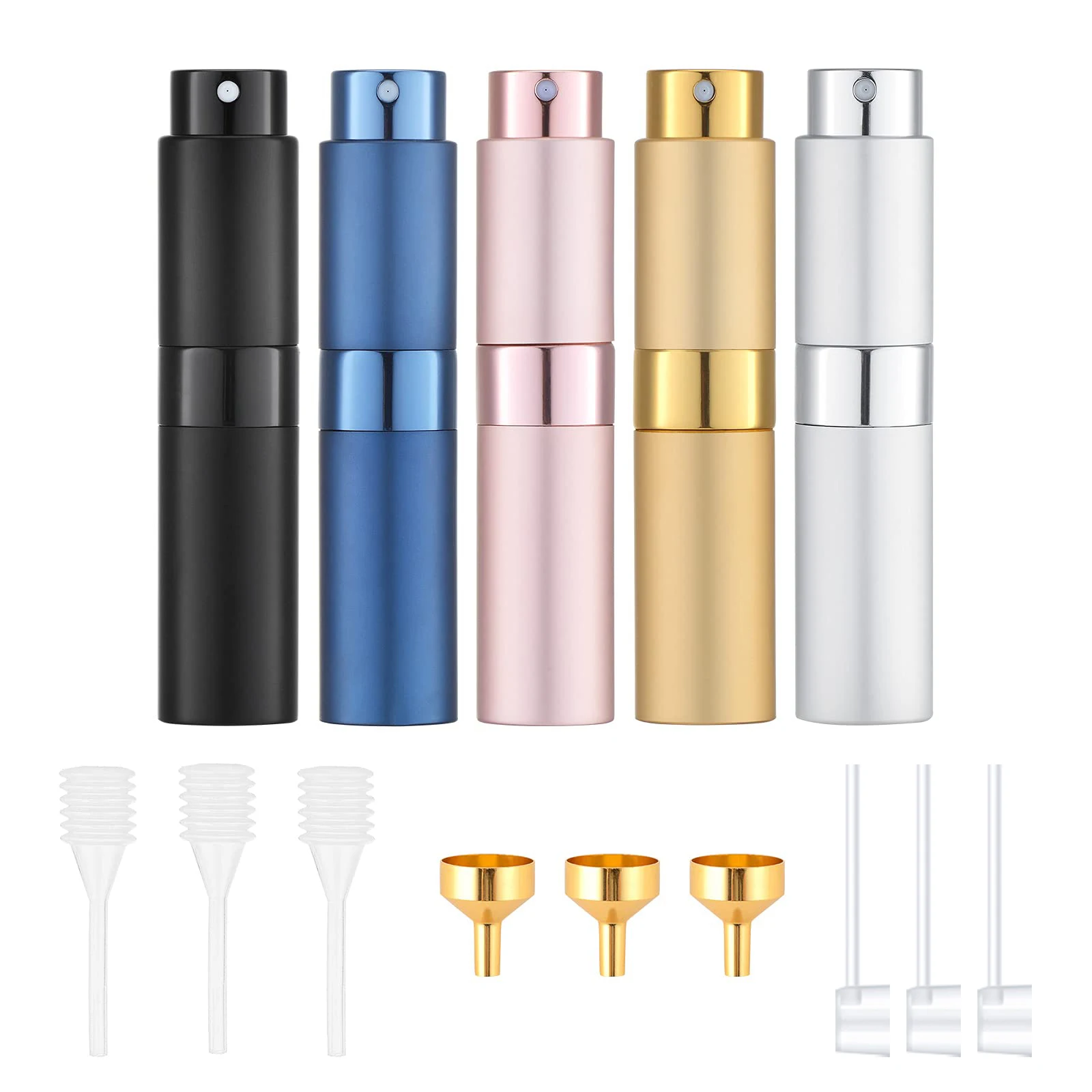 5pcs+9 accessories Travel perfume atomizer refillable Contains 5 spray bottles, 3 funnels, 3 spring-loaded straws, 3 dispensers