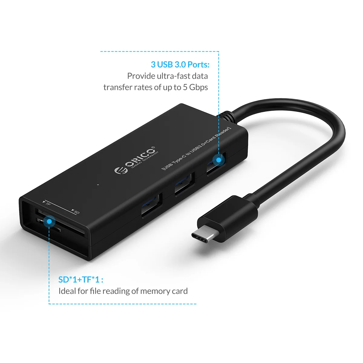 قارئ بطاقة ORICO للتصوير الفوتوغرافي ، قارئ البطاقات ، Type-C ، 4 منافذ ، USB ، SD ، TF ، 5Gbps ، Transfer