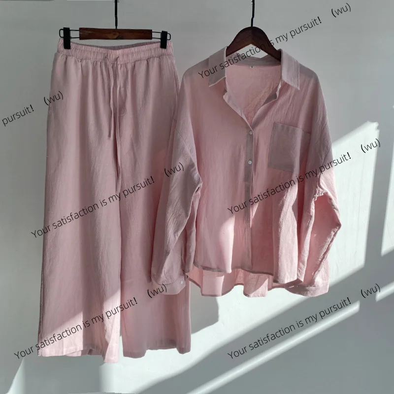 

ZOCI-Women's 2-piece retro plus size, cotton and linen shirt set, high-waisted loose trousers.