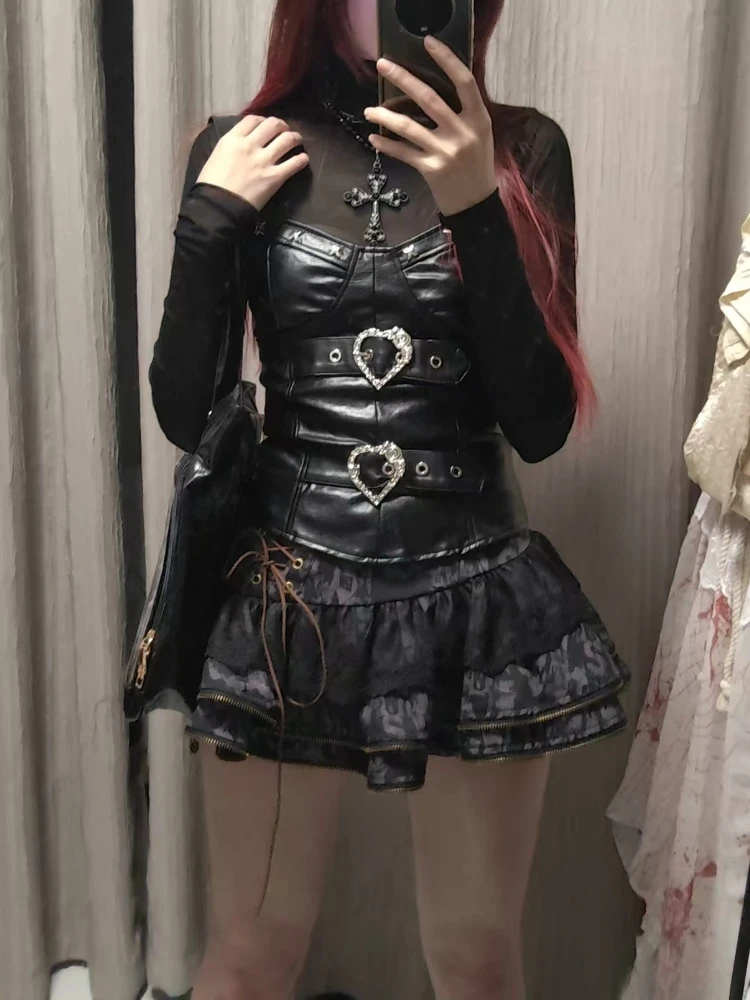 

Vintage Gothic Skinny Dark Punk 2-piece Set Women Hot Girl Y2k Slim Thin vest Female Design Chic Ruffle Pengpeng Short Skirt New
