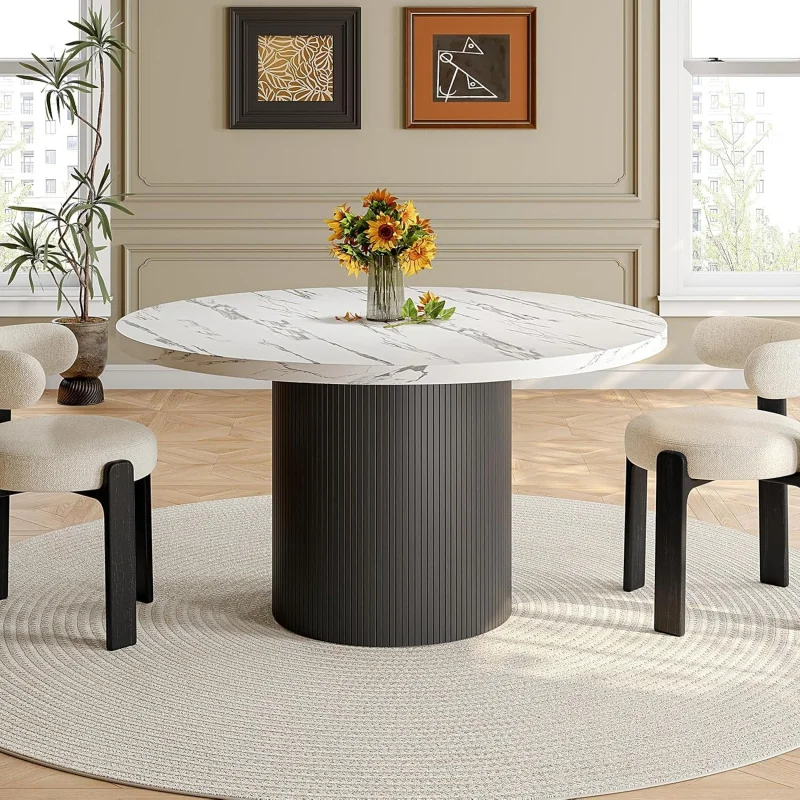 

47 Round Marble Texture Dining Table 4 – Wood Strip Base, Modern Farmhouse Style Kitchen or Living Room