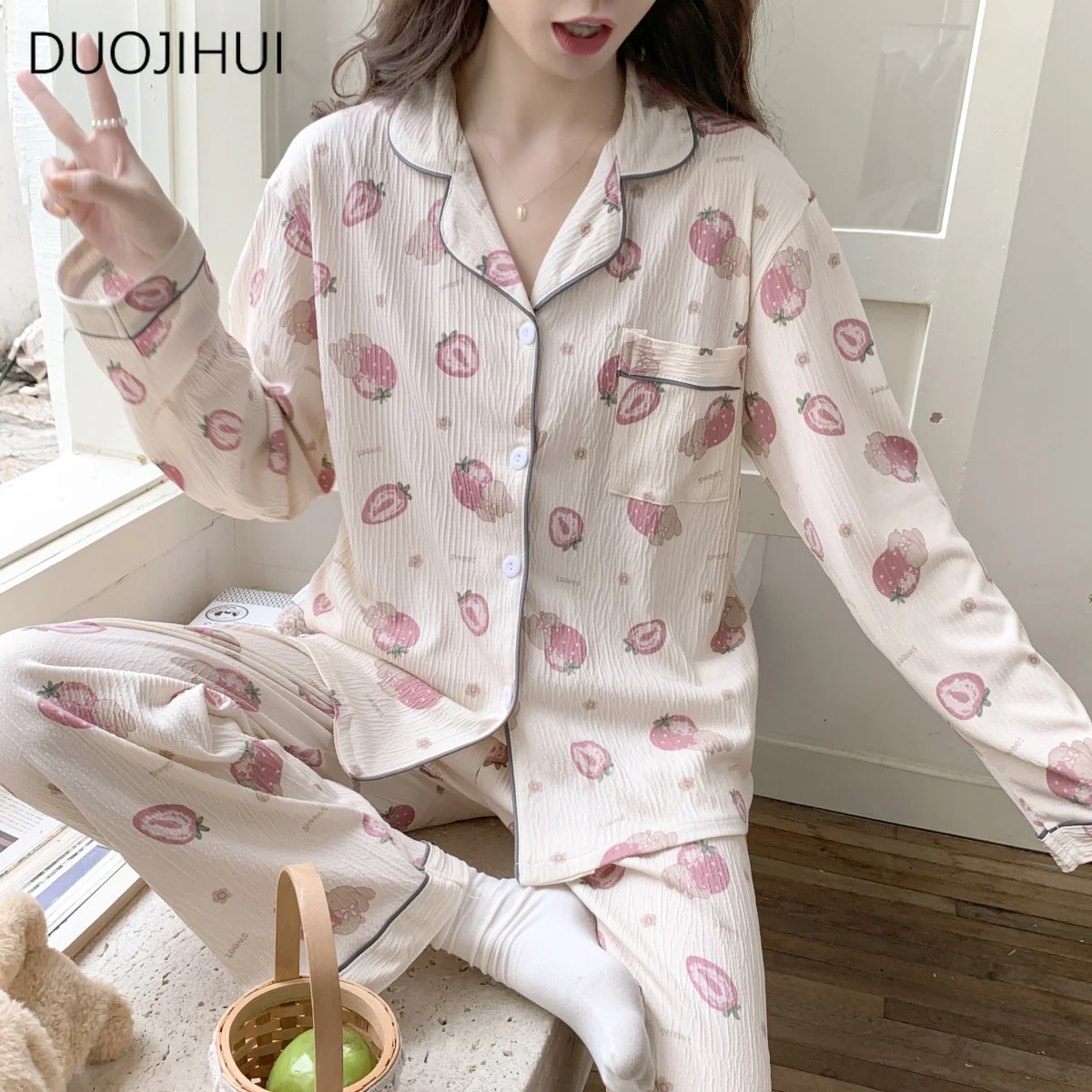 DUOJIHUI Spring Sweet Two Piece Casual Home Pajamas for Women Chic Button Cardigan Basic Pant Fashion Simple Female Pajamas Sets