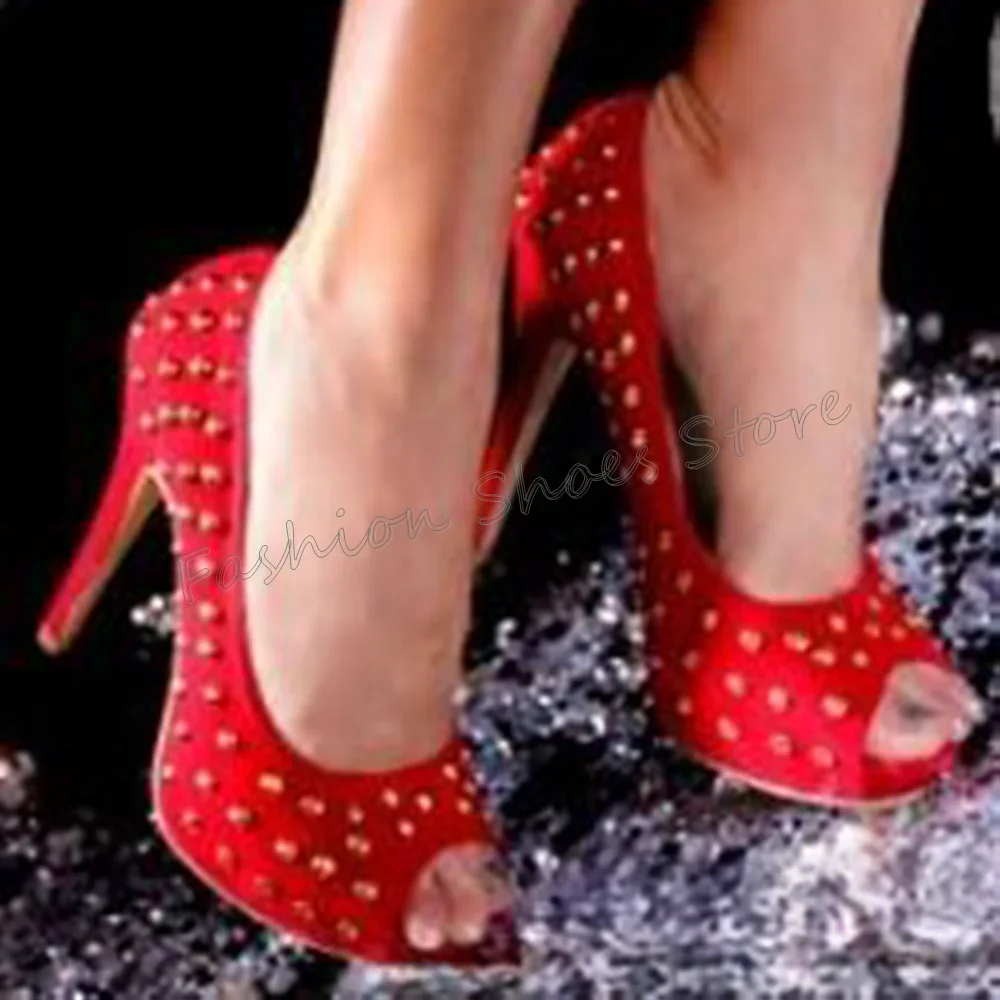 

Red Peep Toe Rivet Decor Pumps Stilettos High Heels High Heel Shoes for Women Comfortable Heels 2025 New Zapatos Para Mujere