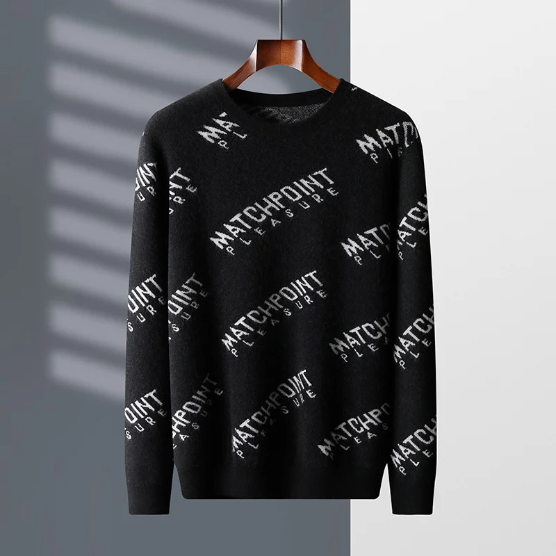 

Autumn Winter Thick 100% Cashmere Sweater Men's Round Neck Pullover Casual Letter Jacquard Knitted Base Sweater Men's Clothing