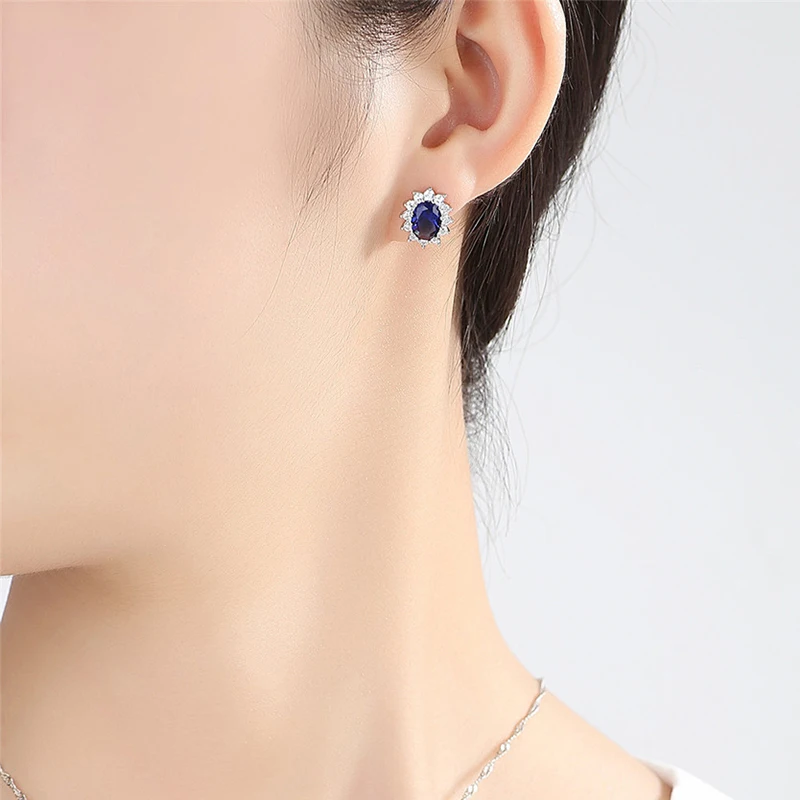 LXOEN Fashion Blue Oval Zircon Stud Earrings for Women Present Gift Red Crystal Bijoux for Girl Earings Oorbellen Small Earrings