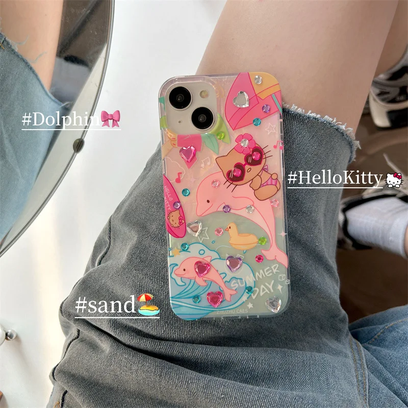 Hello Kitty Sanrio Sunglasses Pink dolphin rhinestone Phone Case For iPhone 15 14 13 12 11 Pro Max case cute cartoon Sweet Cover