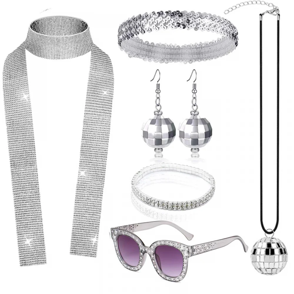 70er Jahre Frauen Disco Zubehör Halloween Kostüm Disco Pailletten Schal Stirnband Diamant Armband Ball Halskette Ohrring Brille