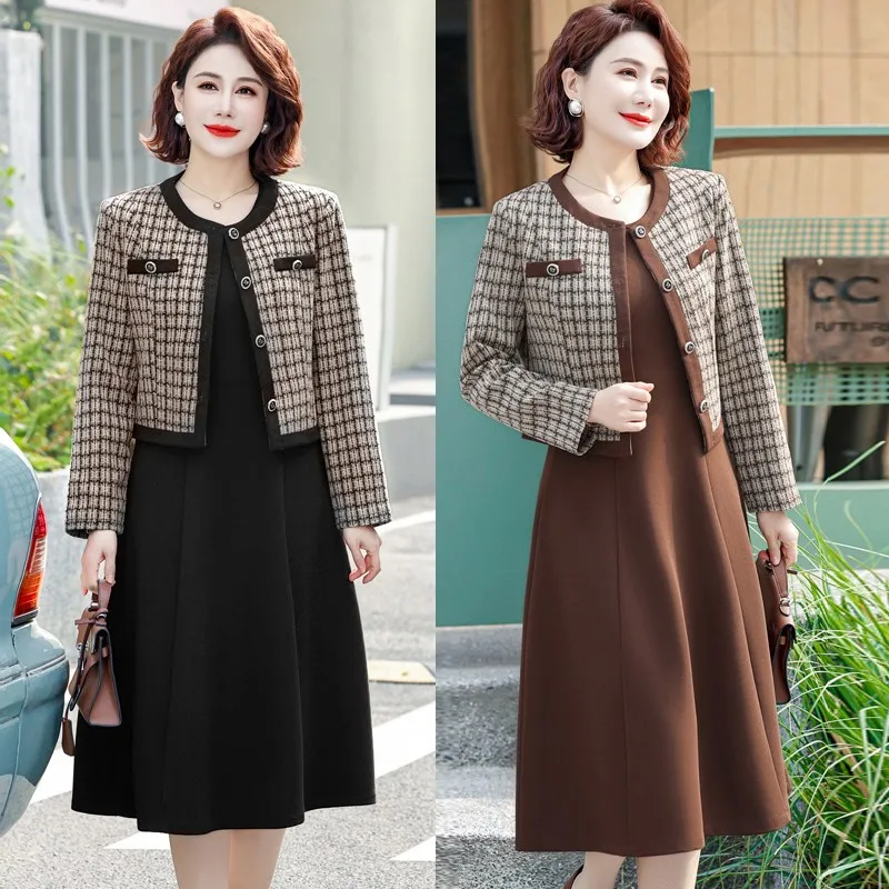 Spring Fashion Vintage Plaid Dress Sets for Women Two Piece Jacket and Pencil Skirt Suit Office Lady Outfit