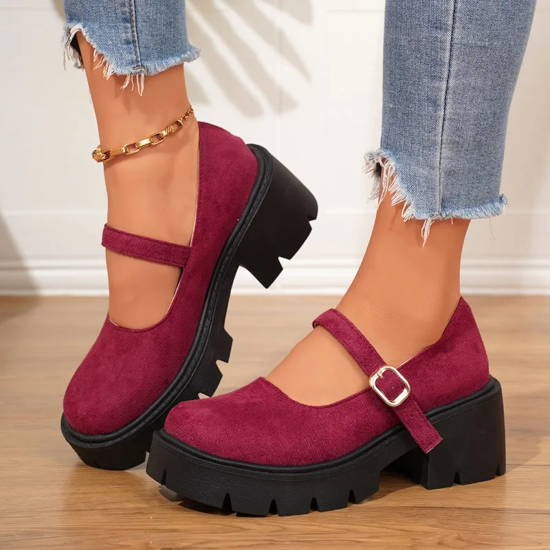 Spring Autumn Thick Heel Mary Janes Women's Shoes Round Toe Slip-On Velvet Surface Platform Cross-Border Large Size Women's
