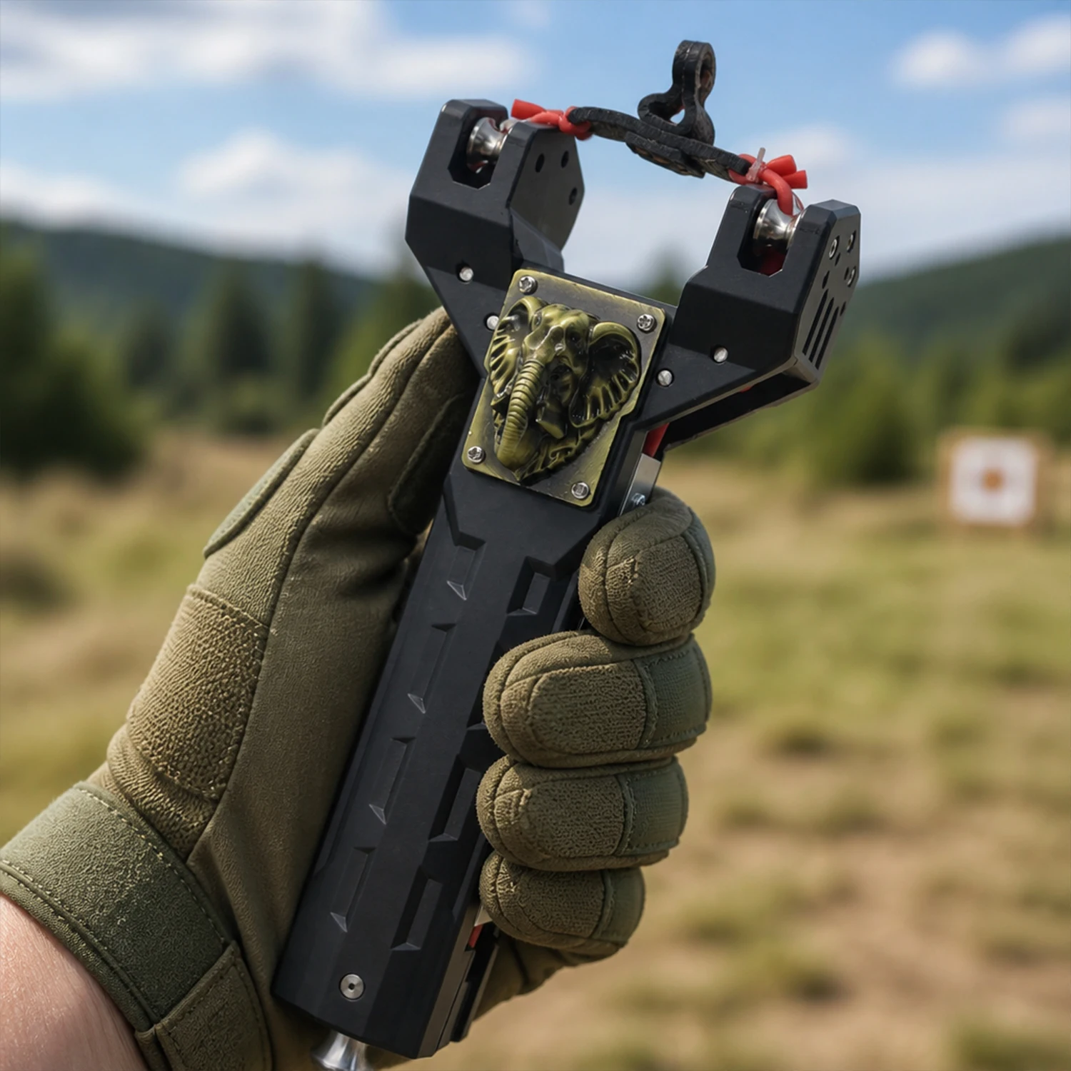 Black Soft-Touch ABS Premium Fast Auto-Loading Slingshot with Elephant Head Graphic & Magazine Tube for Outdoor Practice