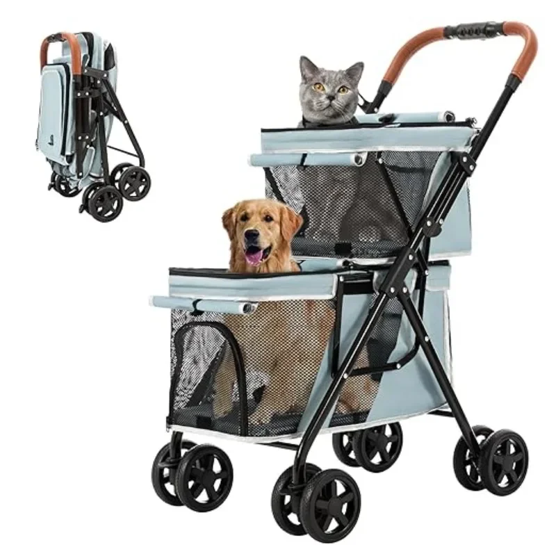 4 Wheels Lightweight Double Decker Pet Stroller Dog Trolley Pet Carriers