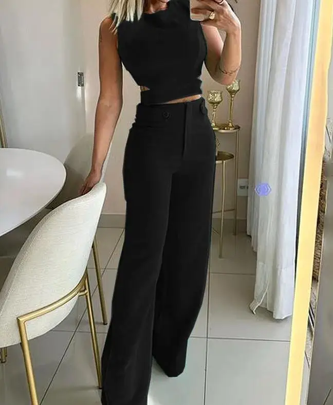 Two Piece Set Women Outfit 2023 Summer Fashion Casual Solid Color Round Neck Sleeveless Top & High Waist Straight Leg Pants Suit